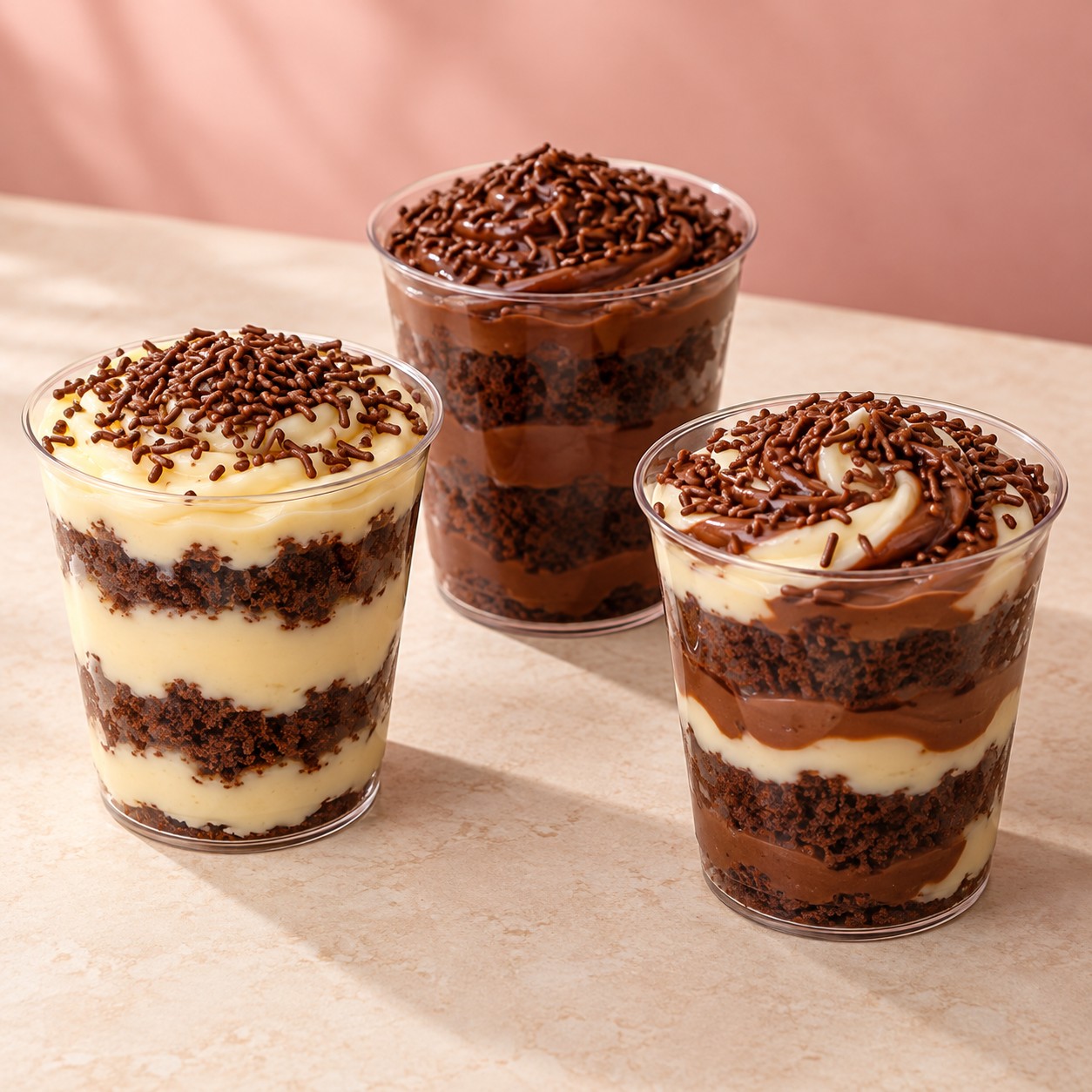 Imagem ilustrativa de bolos no pote com camadas de chocolate e creme